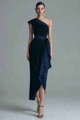 Sheath One Shoulder Black Semi-Formal Dress with Sash