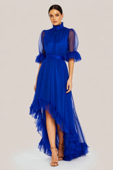 Royal Blue High Neck Ruffle Asymmetrical Formal Dress With Half Sleeves