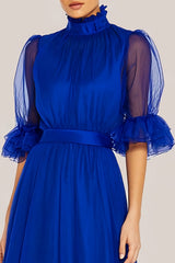 Royal Blue High Neck Ruffle Asymmetrical Formal Dress With Half Sleeves