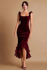 Burgundy Velvet Mermaid Ruffled Formal Dress