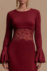 Burgundy Sheath Satin Maxi Formal Dress with Flare Sleeves