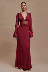 Burgundy Sheath Lace Formal Dress with Long Sleeves