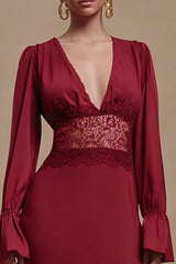 Burgundy Sheath Lace Formal Dress with Long Sleeves