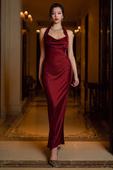 Halter Dark Green Sheath Satin Formal Dress