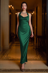 Halter Dark Green Sheath Satin Formal Dress