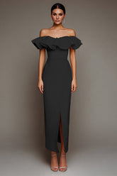Off The Shoulder Sheath Ruffled Black Tie Dress With Slit