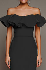 Off The Shoulder Sheath Ruffled Black Tie Dress With Slit