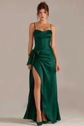 Dark Green Sheath Bowed Satin Maxi Dress With Slit