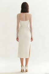 Long Sleeve Satin Midi White Dress with Slit
