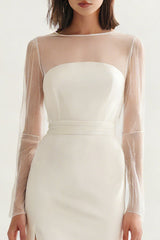 Long Sleeve Satin Midi White Dress with Slit