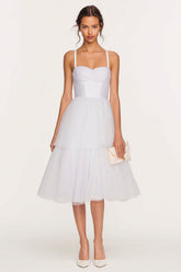 Spaghetti Straps A Line Corset Midi White Dress