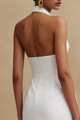Simple Halter Bodycon Satin Midi White Dress