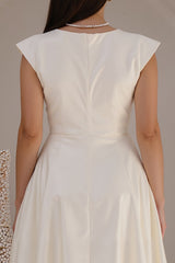 Bateau Neck A Line Cap Sleeve Midi White Dress