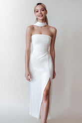 Elegant Strapless Satin Midi White Dress