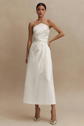 Strapless A Line Ruched Satin Midi White Dress