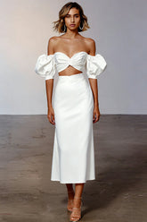 2 Piece Off the Shoulder Sheath Midi White Dress