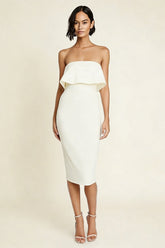 Strapless Bodycon Midi White Dress with Slit