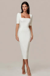Elegant Bodycon Short Sleeve Midi White Dress