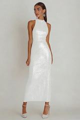 Sparkly Halter Sheath Maxi White Dress