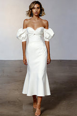 White Off the Shoulder Mermaid Midi Engagement Dress