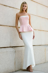 Strapless Mermaid White and Pink Ruffled Maxi Dress