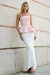 Strapless Mermaid White and Pink Ruffled Maxi Dress