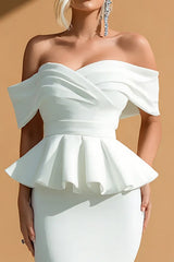 Off the Shoulder Ruffled Bodycon Midi White Dress