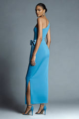 Simple Peacock Blue One Shoulder Formal Dress with Bow
