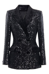 Black Sequin Peak Lapel Double Breasted Prom Blazer