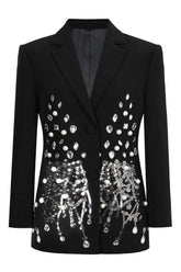 Black Notched Lapel Beaded Prom Blazer With Sequins
