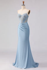 Sky Blue Corset Strapless Mermaid Maxi Prom Dress