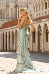 Appliqued Corset Light Green Prom Dress with Ruffles