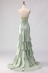 Appliqued Corset Light Green Prom Dress with Ruffles