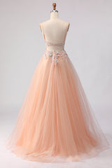 Spaghetti Straps Champagne A Line Appliqued Prom Dress