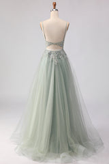 Sage Green A Line Appliqued Corset Sequin Prom Dress