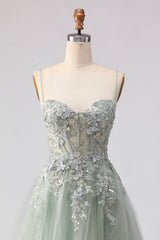 Sage Green A Line Appliqued Corset Sequin Prom Dress
