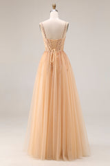 Sparkly Peach Beaded A Line Prom Dress