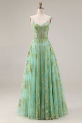 Sparkly Green Corset A Line Maxi Prom Dress