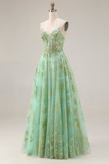 Sparkly Green Corset A Line Maxi Prom Dress