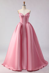 Pink Satin Ball Gown Strapless Prom Dress