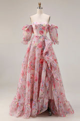 Off the Shoulder Pink Floral A Line Ruffled Prom Dress