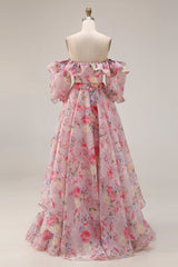Off the Shoulder Pink Floral A Line Ruffled Prom Dress
