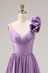 Purple 3D Flowers A Line Pleated Prom Dress