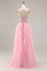 Sparkly Pink Corset Ruffled Beaded Prom Dress