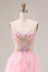 Sparkly Pink Corset Ruffled Beaded Prom Dress
