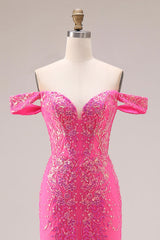 Sparkly Off the Shoulder Appliqued Fuchsia Prom Dress