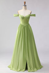 Green Off the Shoulder Corset A Line Prom Dress