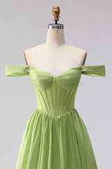 Green Off the Shoulder Corset A Line Prom Dress