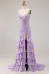 Purple Tiered Maxi Prom Dress with Appliques