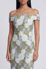 Off the Shoulder Cut Out Floral Green Wedding Guest Dress